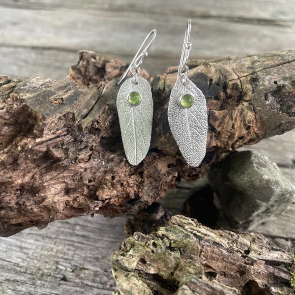 sage leaf-silver-peridot-earrings-textured-back-sandrakernsjewellery